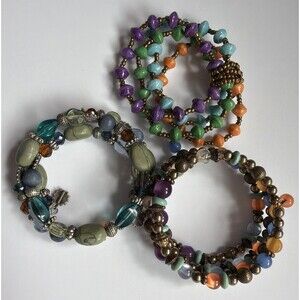Lot Of 3 Jewel Tone Beaded Wrap Bracelets, Memory Wire & Stretch Multi-Strand